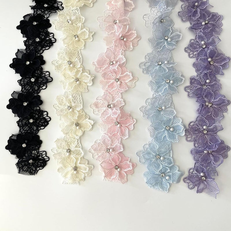 Buysk 2 Yards 3D Pearl Beads Flower Lace Trim Ribbon Floral Applique Embroidered Lace Fabric for Sewing DIY Crafts (Yellow) - Image 5